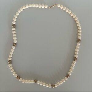 Vintage Signed Napier Round Beaded Necklace in Ivory and Gold 30.75"l